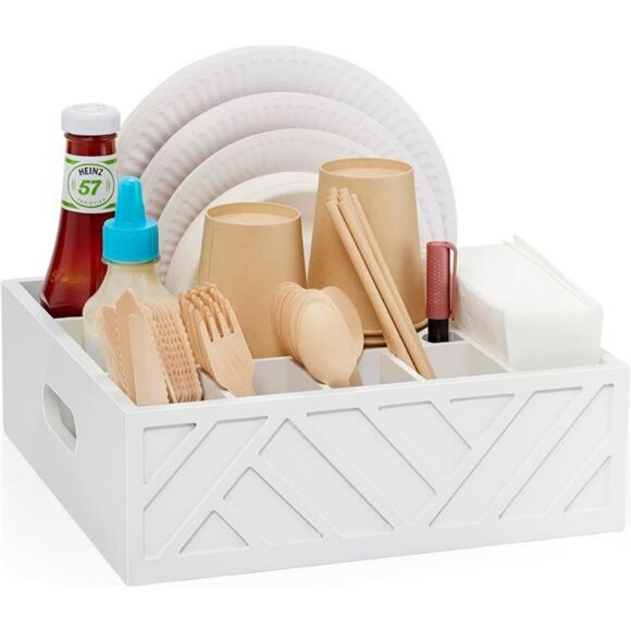Wood Utensil Holder Paper Plate Cup Napkin Caddy Flatware Organizer for Party - Picture 1 of 8